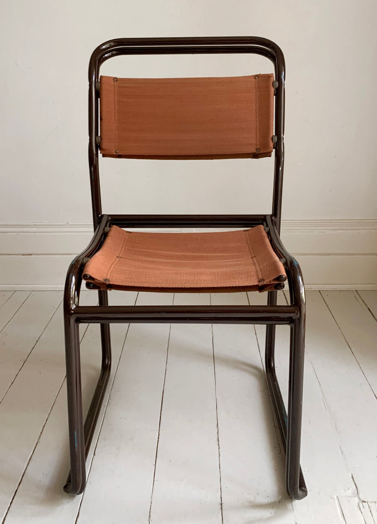 2 x 'Cox' Vintage Stacking Chairs - Canvas Seats, Black Tubular Metal Frame 2of2