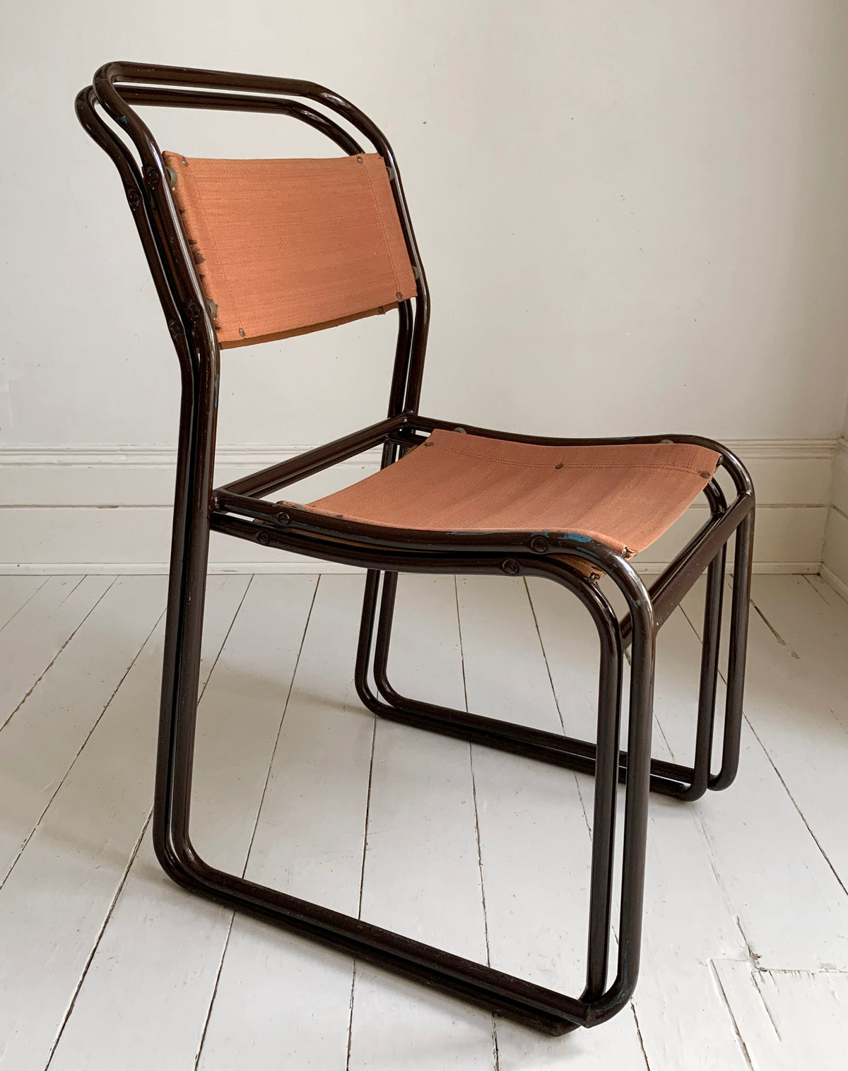 2 x 'Cox' Vintage Stacking Chairs - Canvas Seats, Black Tubular Metal Frame 2of2