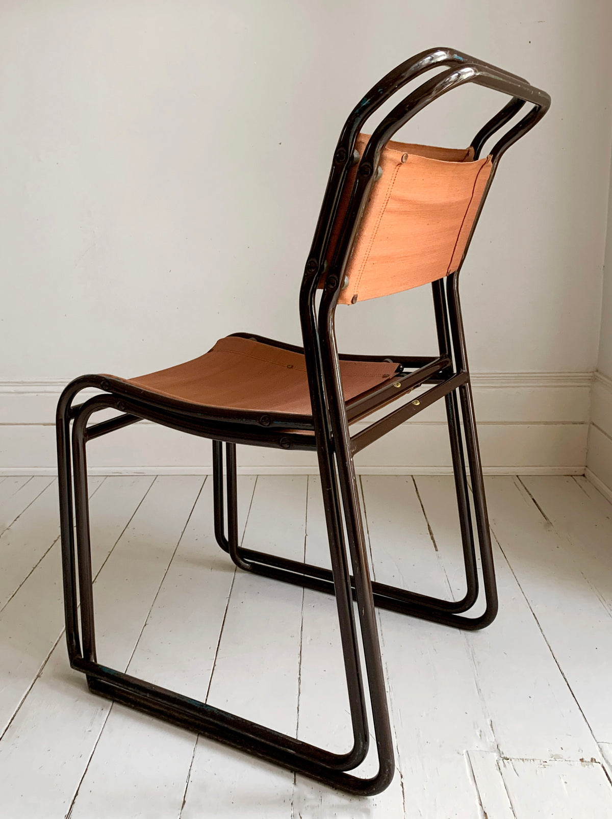 2 x 'Cox' Vintage Stacking Chairs - Canvas Seats, Black Tubular Metal Frame 2of2