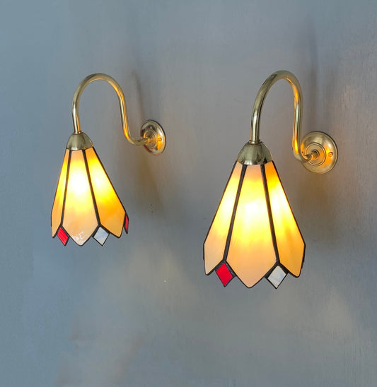 Pair of Vintage Tiffany Glass & Brass Wall Sconces, Red, Blue & Cream Glass