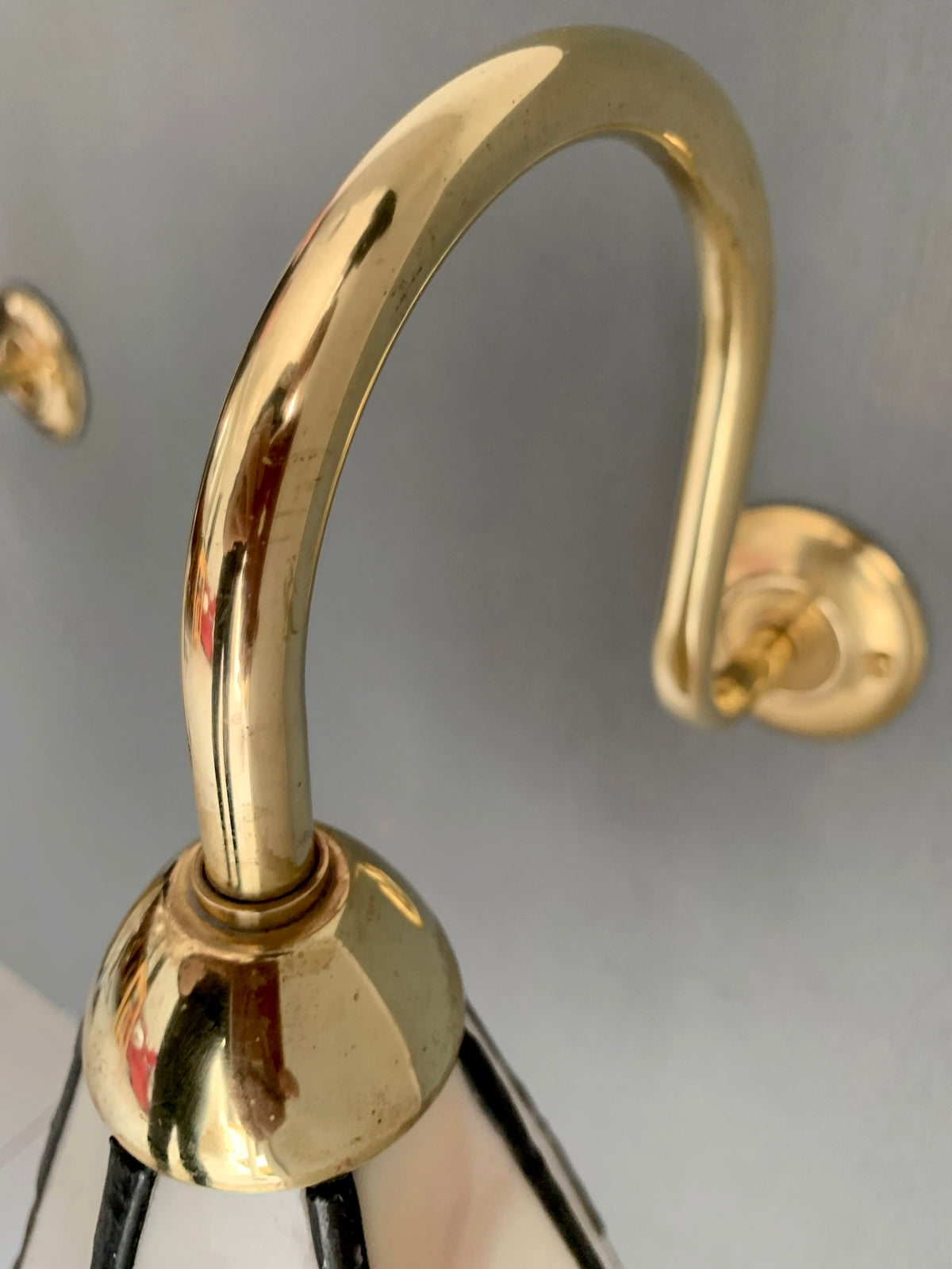 Pair of Vintage Tiffany Glass & Brass Wall Sconces, Red, Blue & Cream Glass