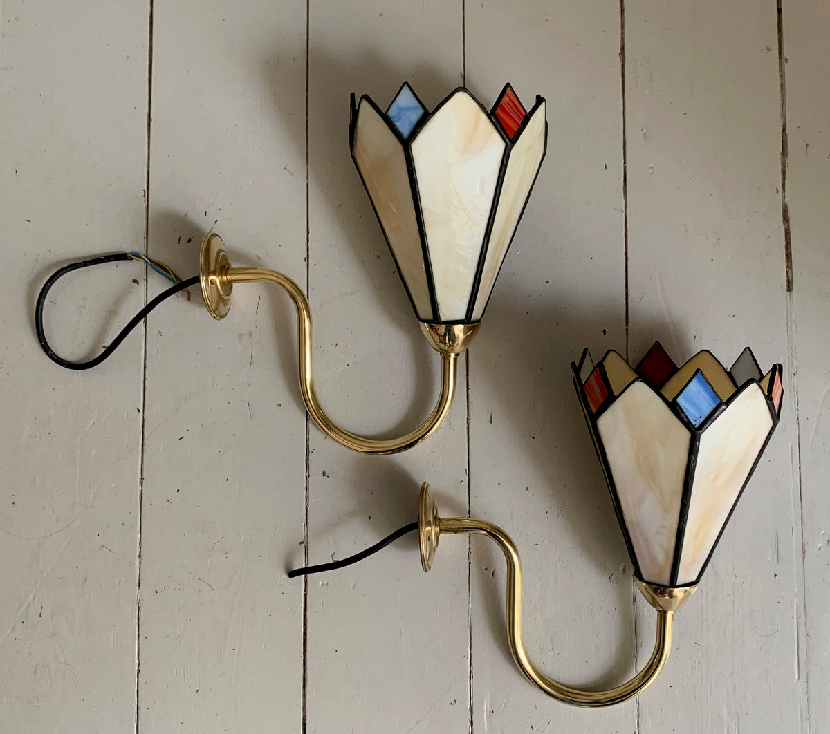 Pair of Vintage Tiffany Glass & Brass Wall Sconces, Red, Blue & Cream Glass