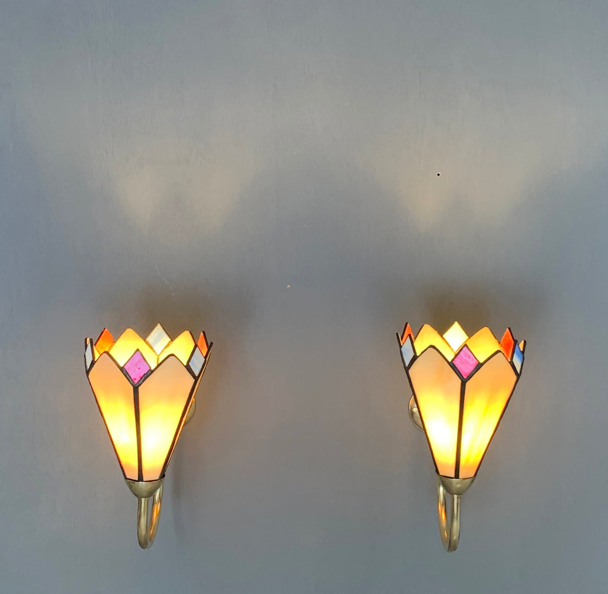 Pair of Vintage Tiffany Glass & Brass Wall Sconces, Red, Blue & Cream Glass