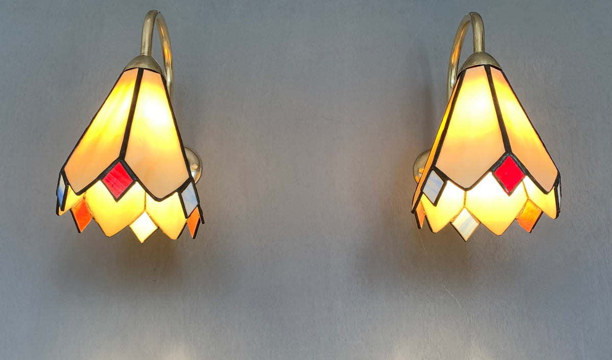 Pair of Vintage Tiffany Glass & Brass Wall Sconces, Red, Blue & Cream Glass