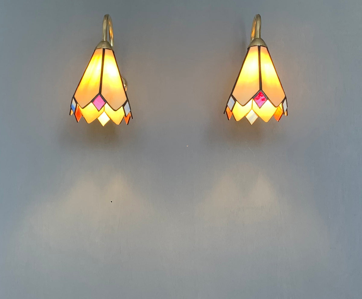 Pair of Vintage Tiffany Glass & Brass Wall Sconces, Red, Blue & Cream Glass