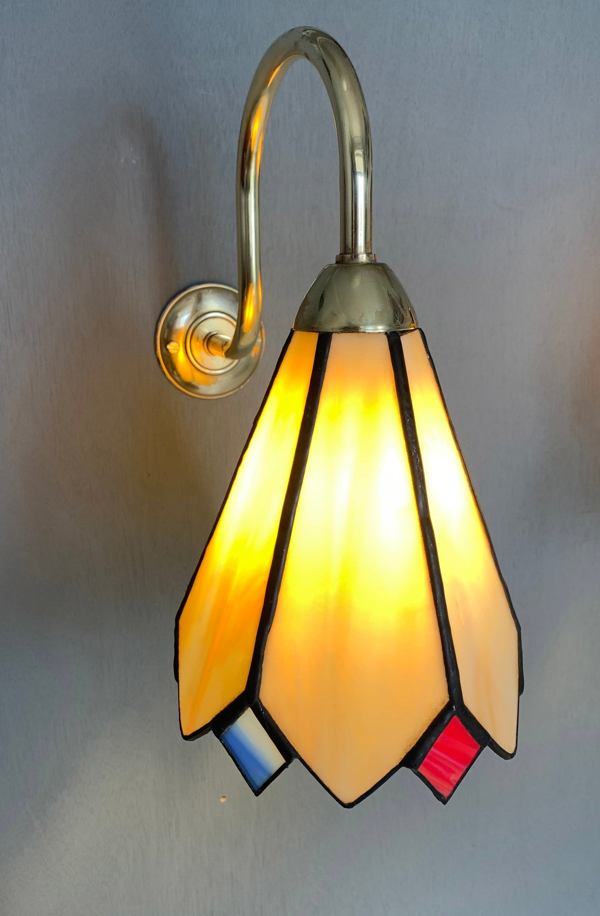 Pair of Vintage Tiffany Glass & Brass Wall Sconces, Red, Blue & Cream Glass