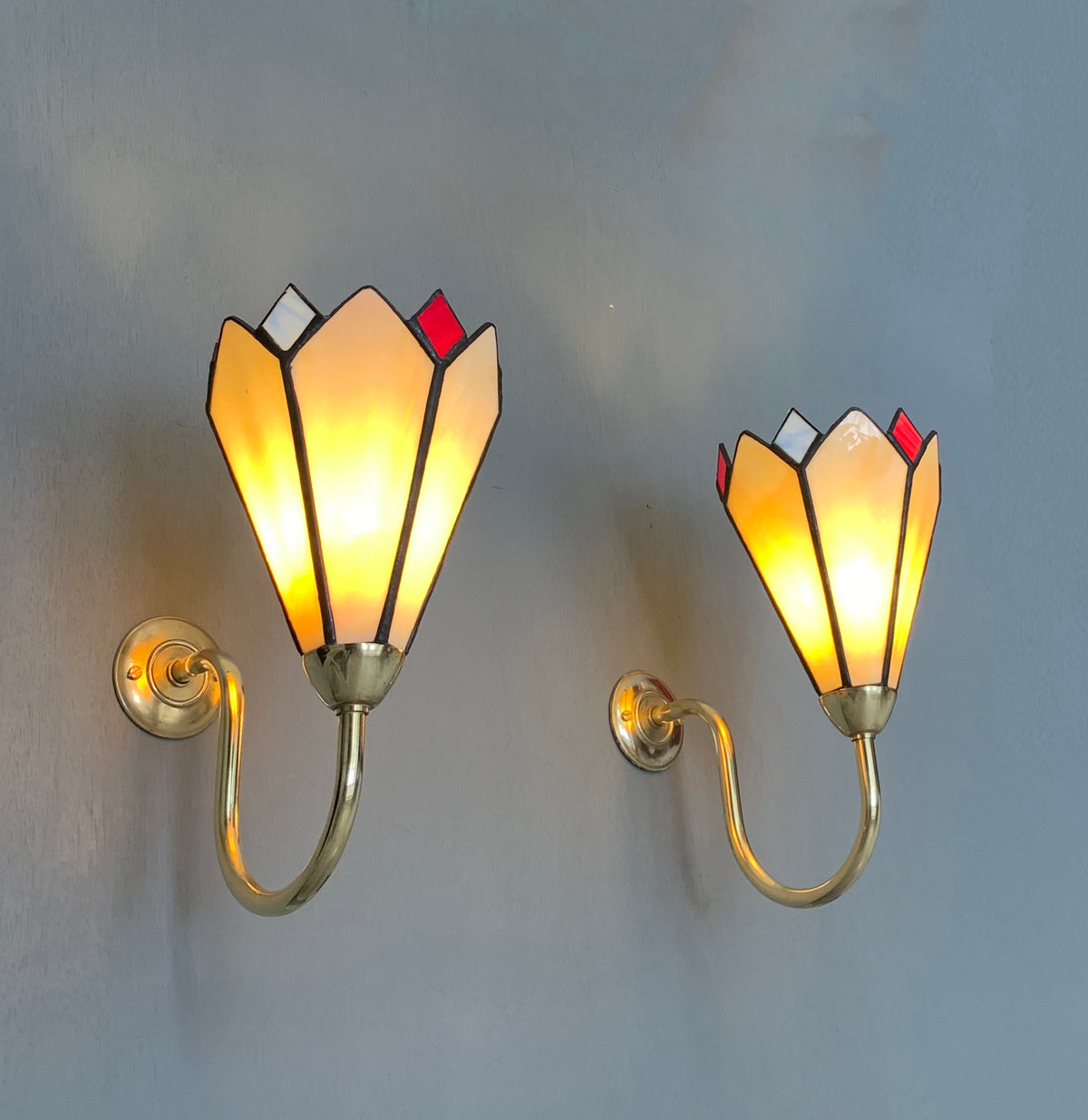 Pair of Vintage Tiffany Glass & Brass Wall Sconces, Red, Blue & Cream Glass