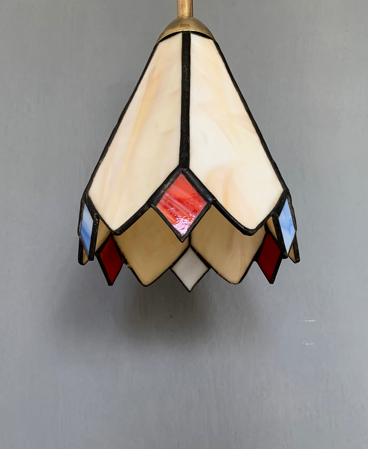 Pair of Vintage Tiffany Glass & Brass Wall Sconces, Red, Blue & Cream Glass