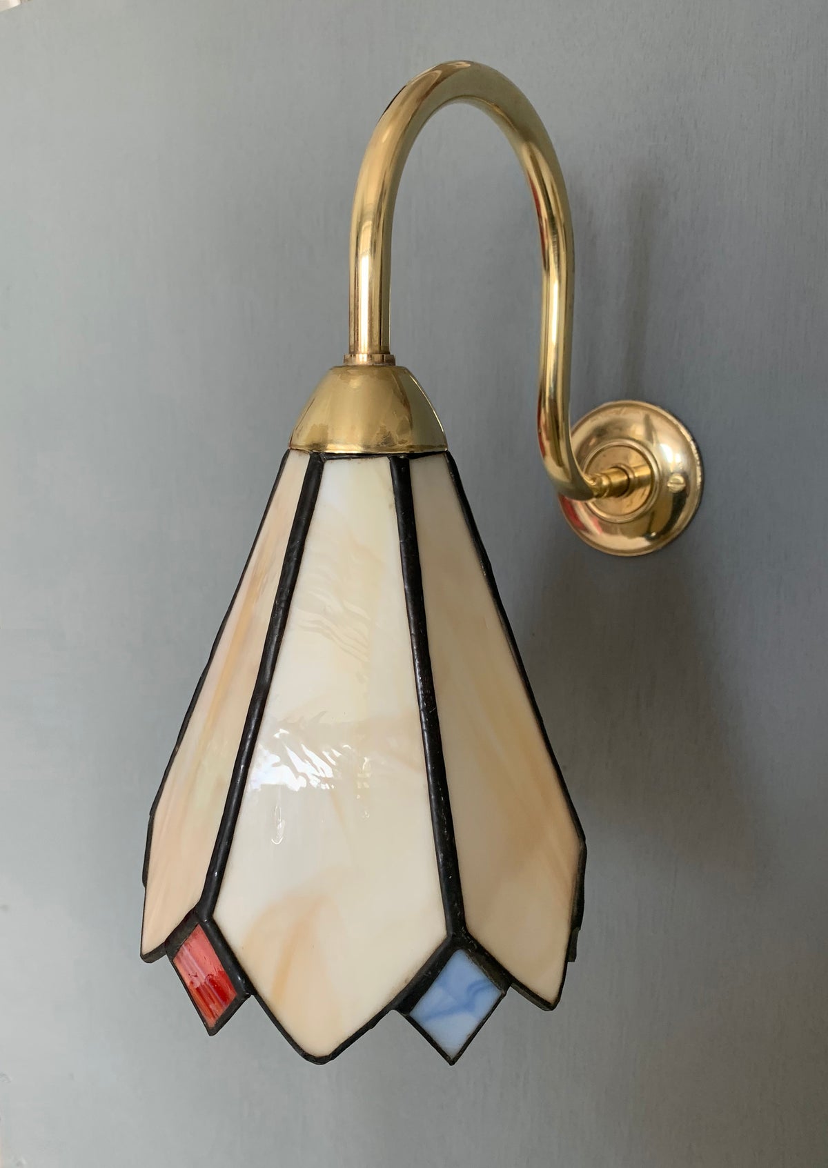 Pair of Vintage Tiffany Glass & Brass Wall Sconces, Red, Blue & Cream Glass