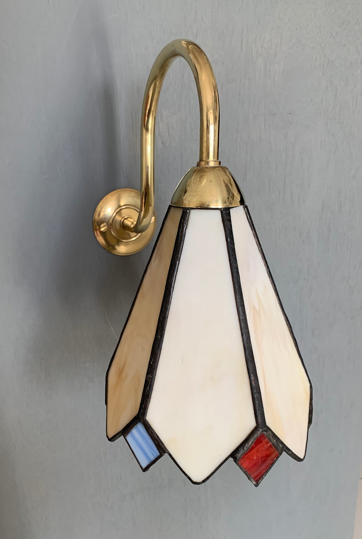 Pair of Vintage Tiffany Glass & Brass Wall Sconces, Red, Blue & Cream Glass
