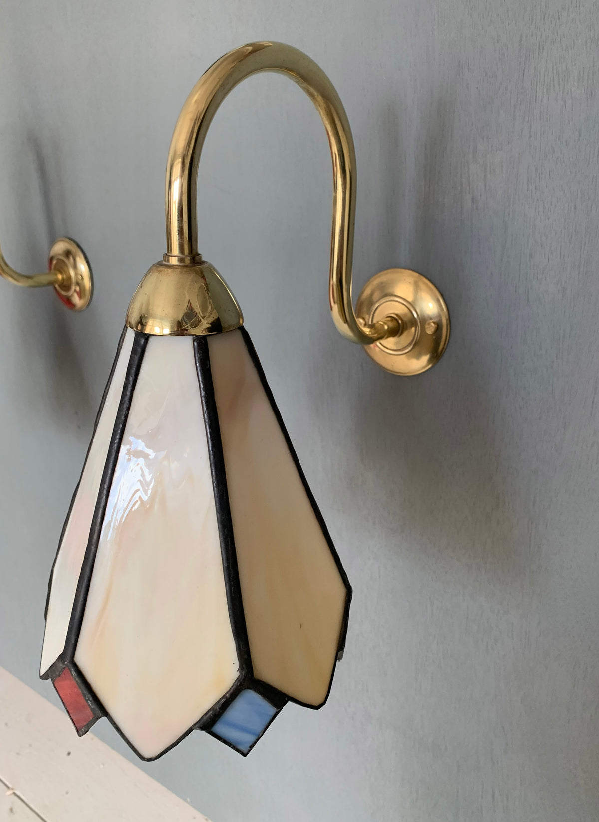 Pair of Vintage Tiffany Glass & Brass Wall Sconces, Red, Blue & Cream Glass