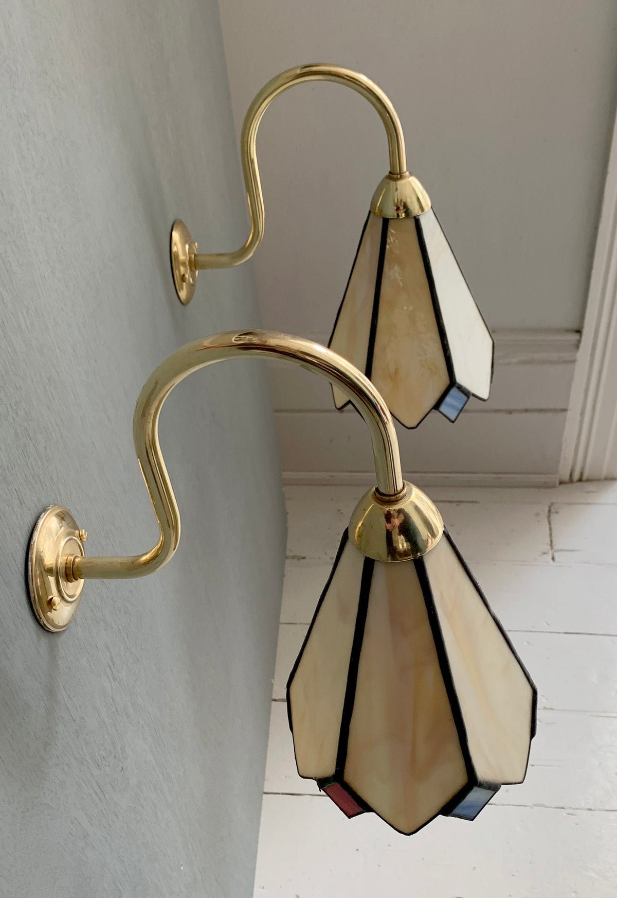 Pair of Vintage Tiffany Glass & Brass Wall Sconces, Red, Blue & Cream Glass