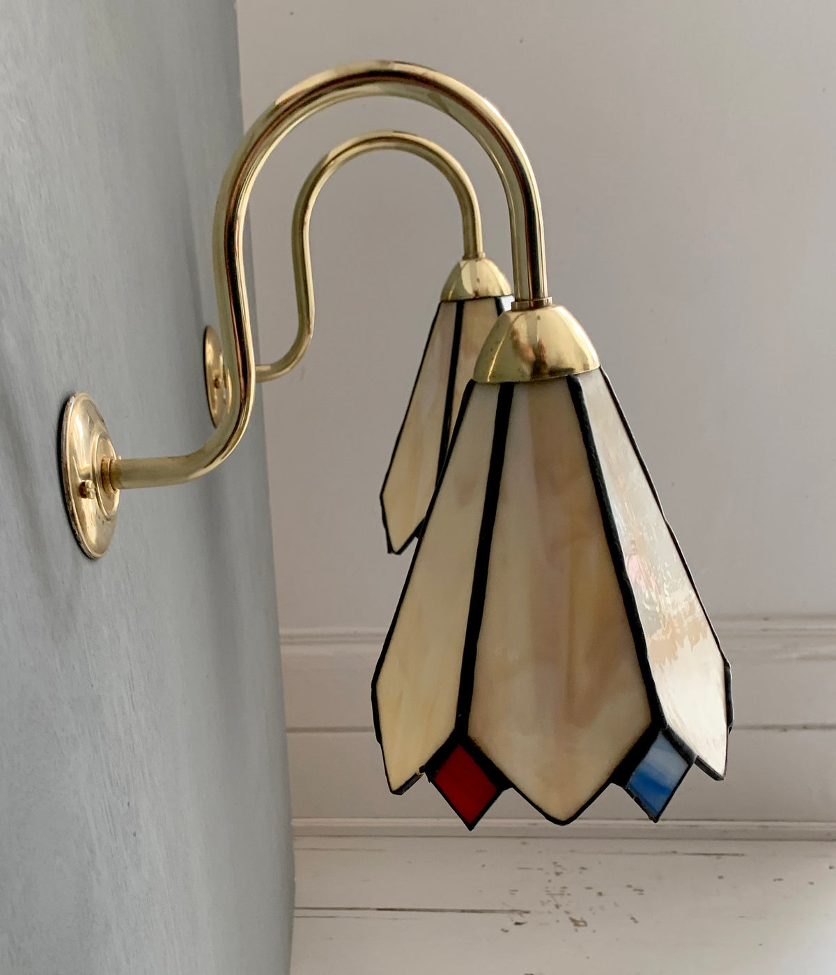 Pair of Vintage Tiffany Glass & Brass Wall Sconces, Red, Blue & Cream Glass