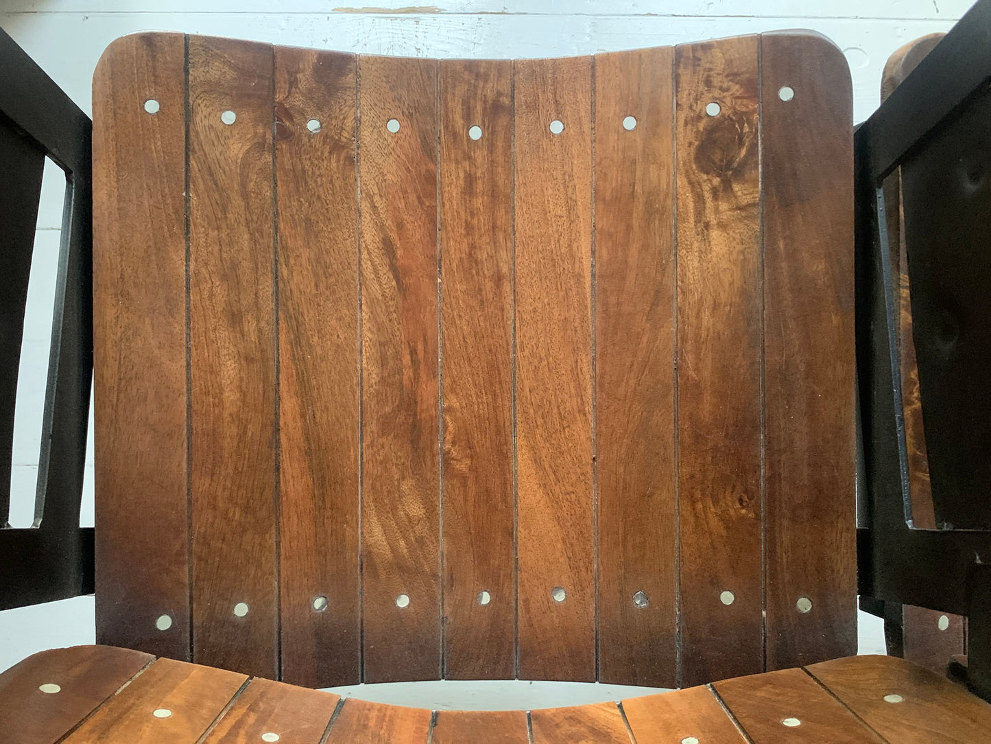 Pair of Wooden Joined & Fixed Theatre / Cinema Seats on Black Metal Frame