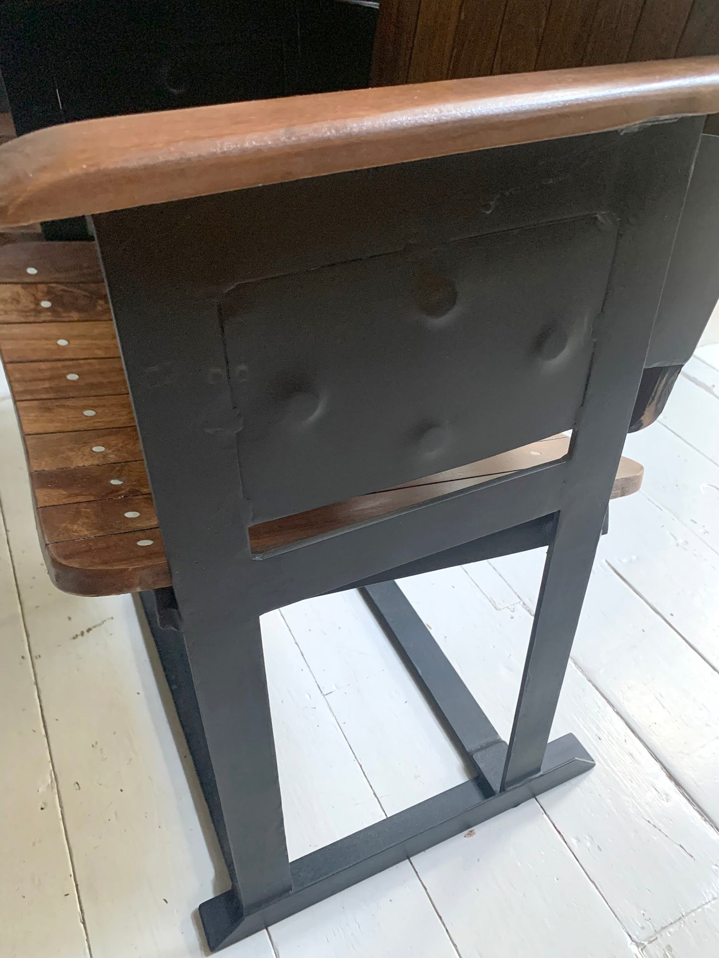 Pair of Wooden Joined & Fixed Theatre / Cinema Seats on Black Metal Frame