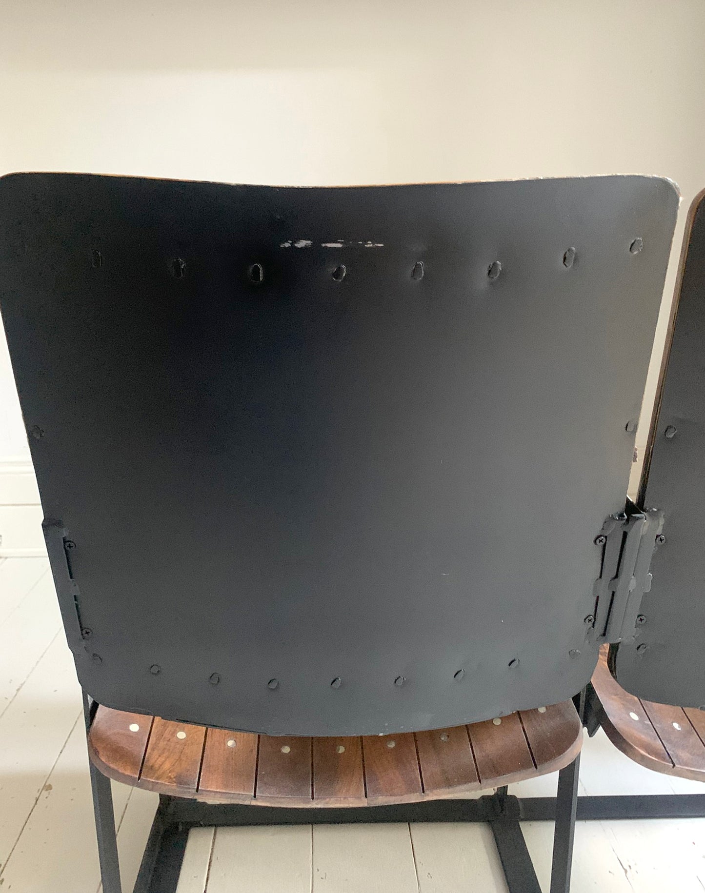 Pair of Wooden Joined & Fixed Theatre / Cinema Seats on Black Metal Frame