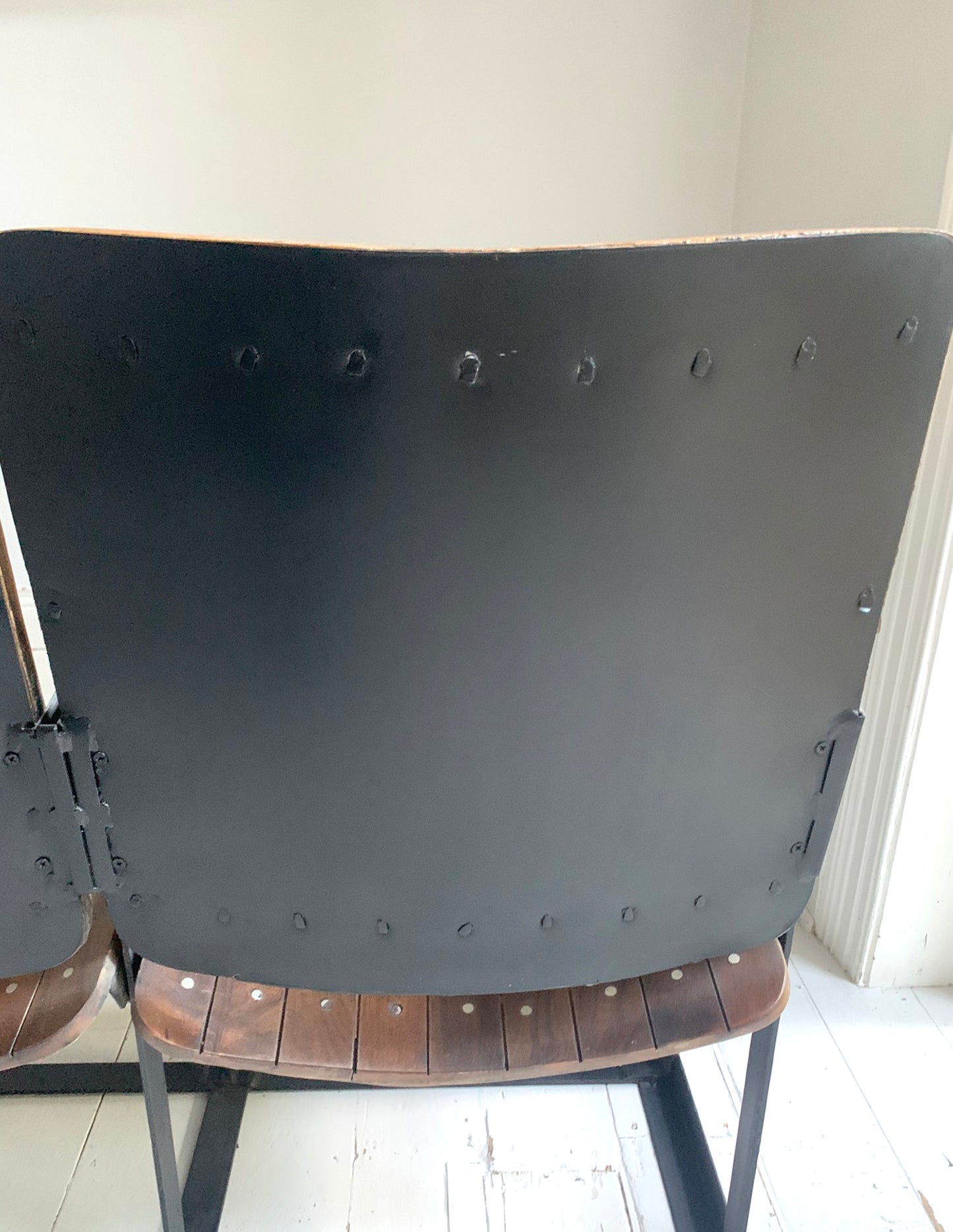 Pair of Wooden Joined & Fixed Theatre / Cinema Seats on Black Metal Frame