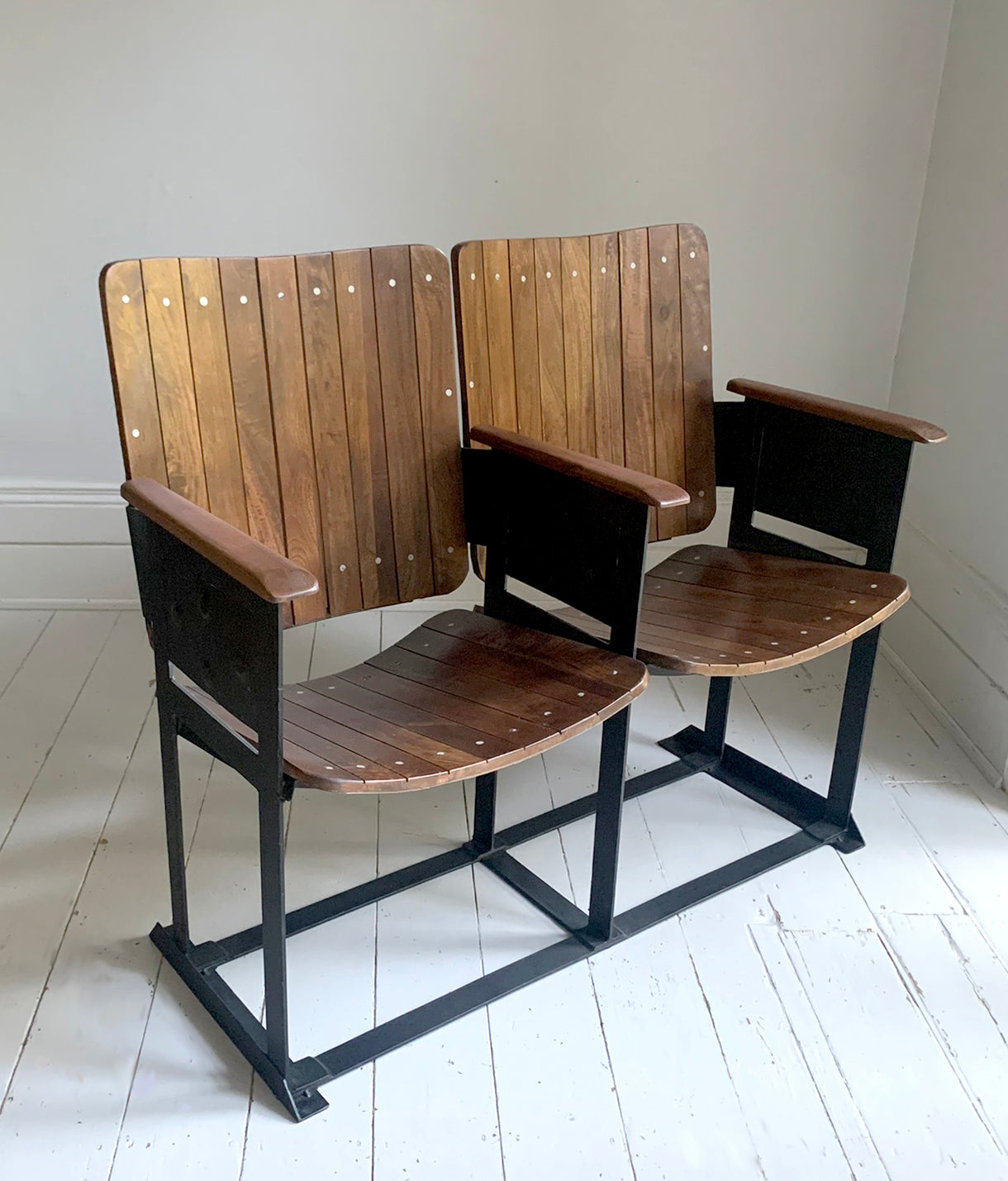 Pair of Wooden Joined & Fixed Theatre / Cinema Seats on Black Metal Frame