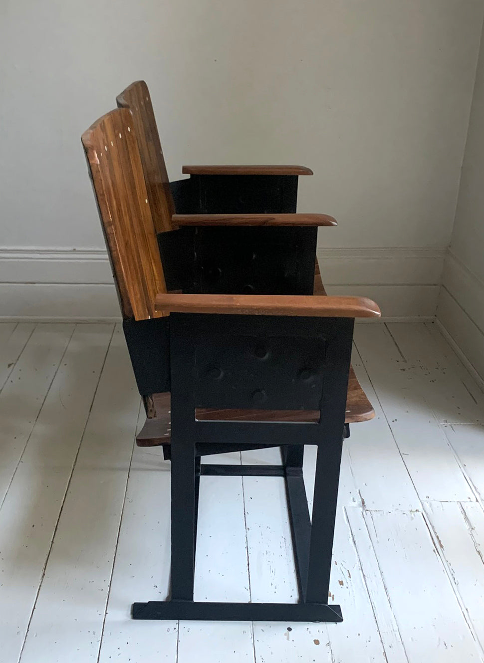 Pair of Wooden Joined & Fixed Theatre / Cinema Seats on Black Metal Frame