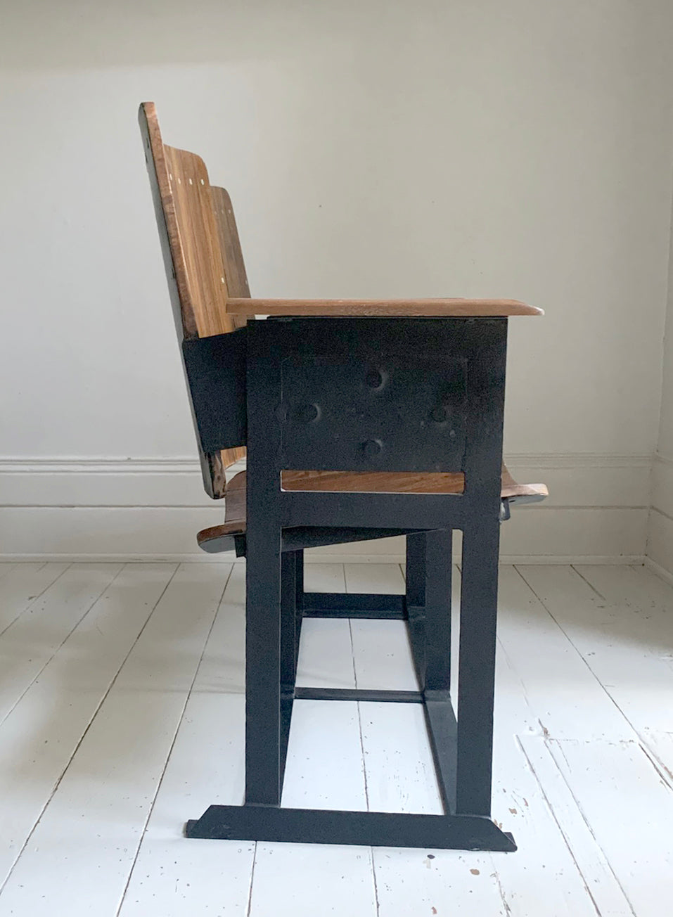 Pair of Wooden Joined & Fixed Theatre / Cinema Seats on Black Metal Frame
