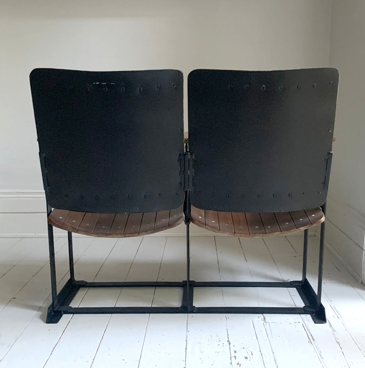 Pair of Wooden Joined & Fixed Theatre / Cinema Seats on Black Metal Frame