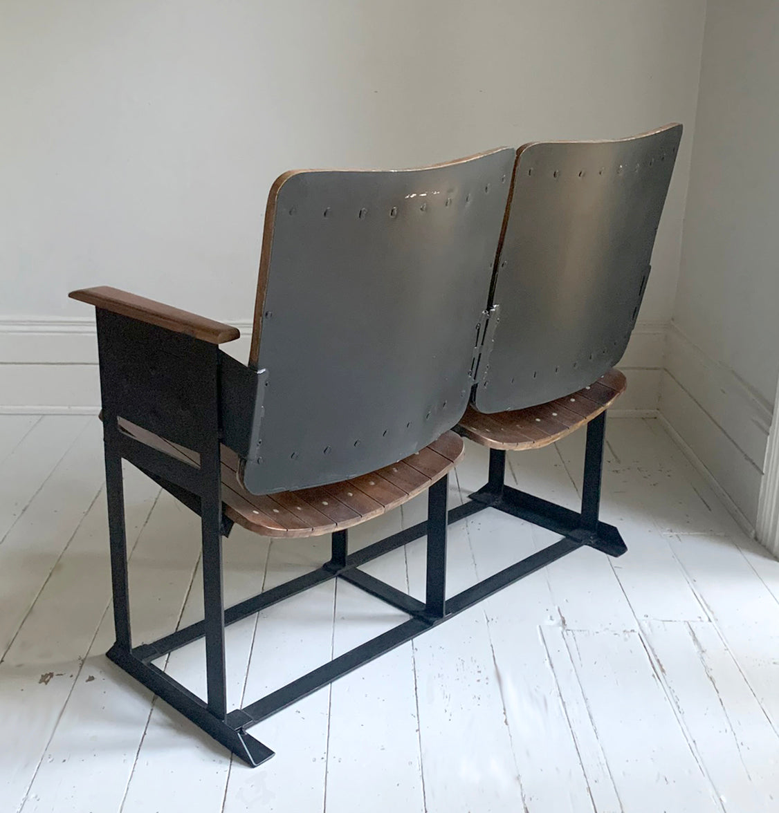 Pair of Wooden Joined & Fixed Theatre / Cinema Seats on Black Metal Frame