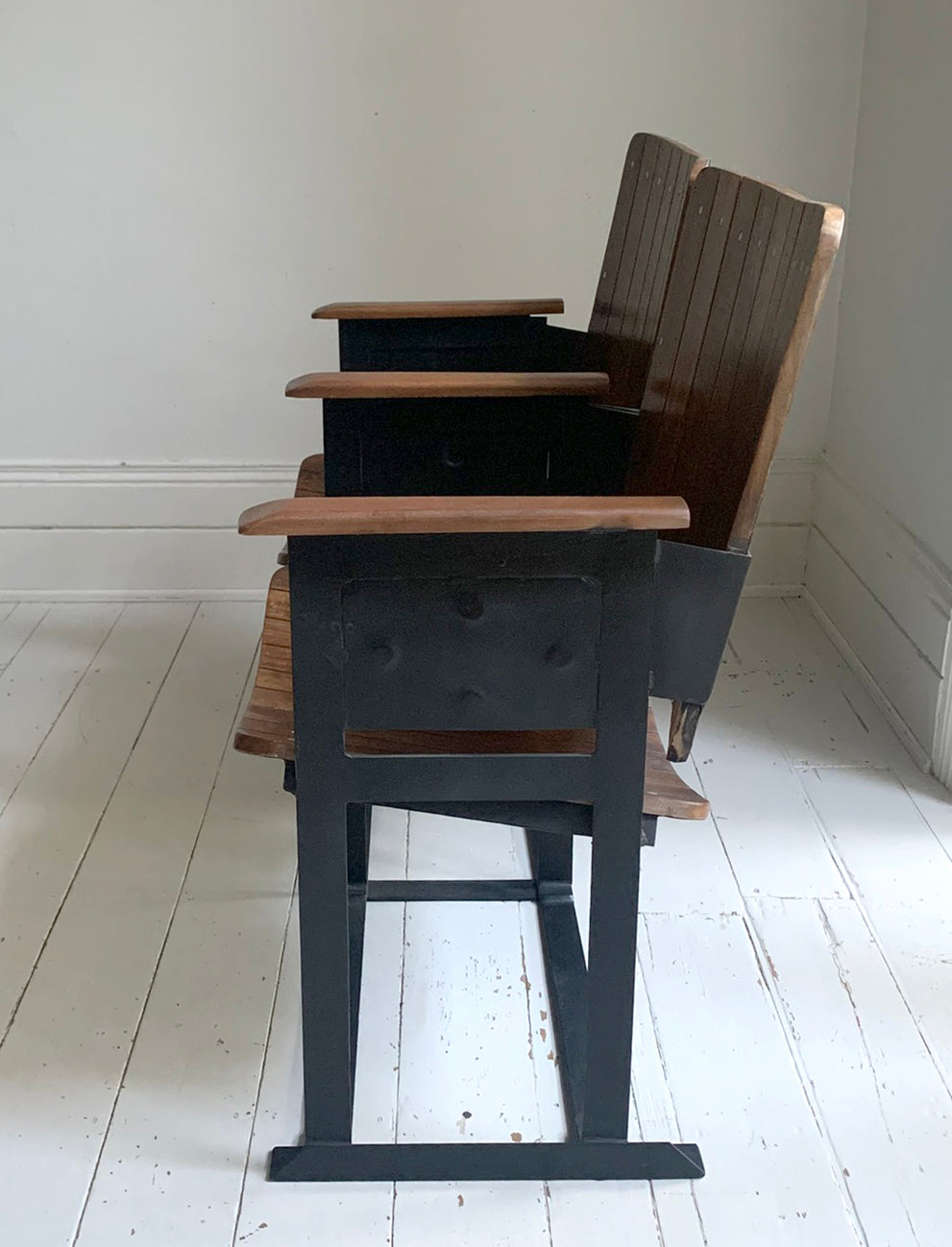 Pair of Wooden Joined & Fixed Theatre / Cinema Seats on Black Metal Frame