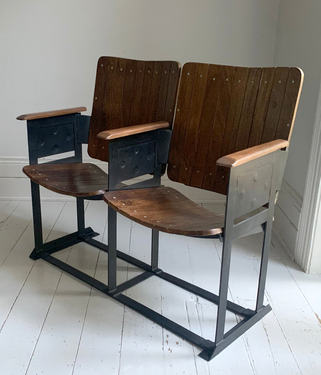 Pair of Wooden Joined & Fixed Theatre / Cinema Seats on Black Metal Frame