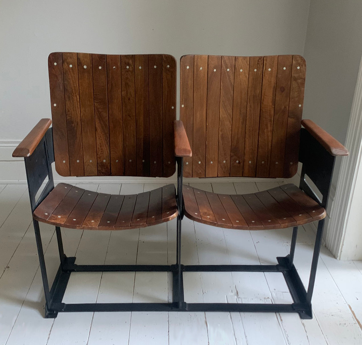 Pair of Wooden Joined & Fixed Theatre / Cinema Seats on Black Metal Frame