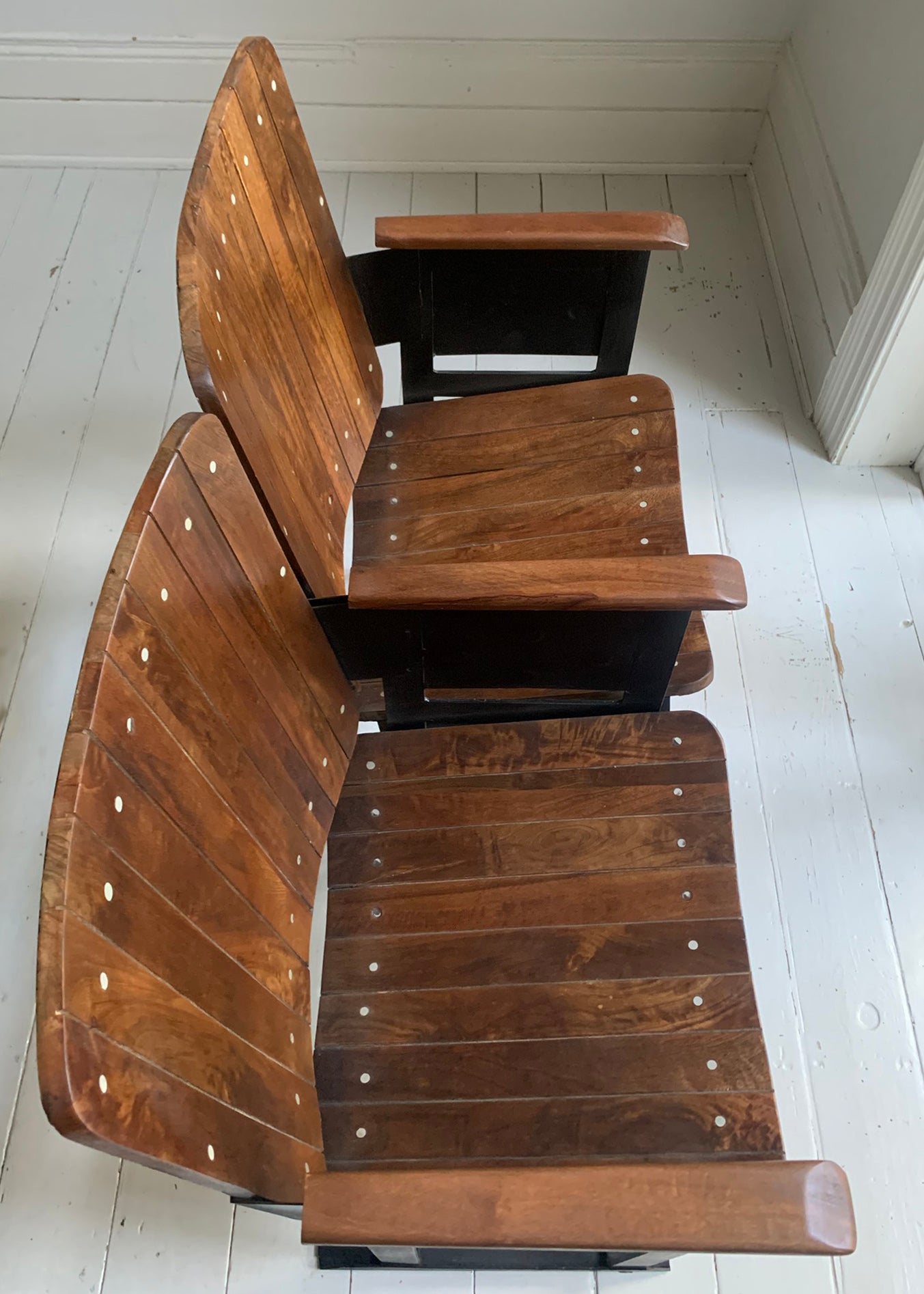 Pair of Wooden Joined & Fixed Theatre / Cinema Seats on Black Metal Frame