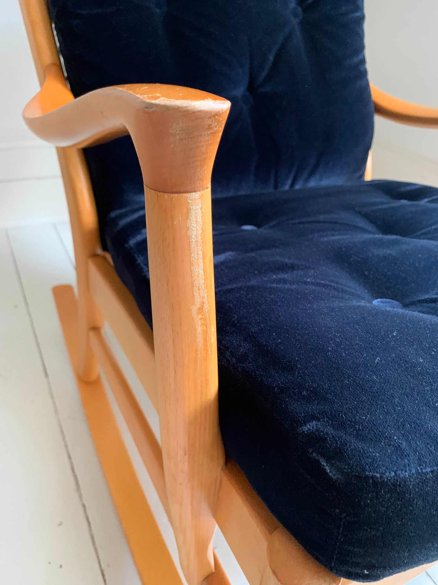 Parker Knoll Florian Rocking Chair w/ Beech Frame, Midnight Blue Velvet Cushions