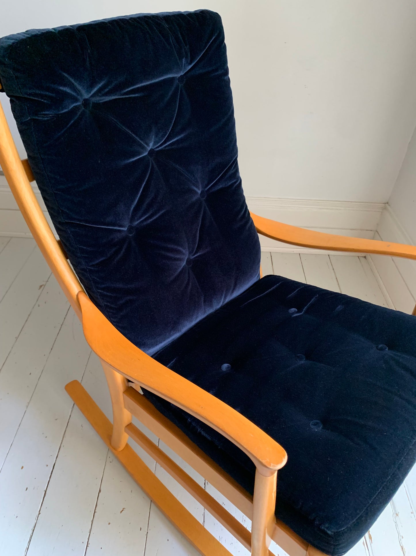 Parker Knoll Florian Rocking Chair w/ Beech Frame, Midnight Blue Velvet Cushions
