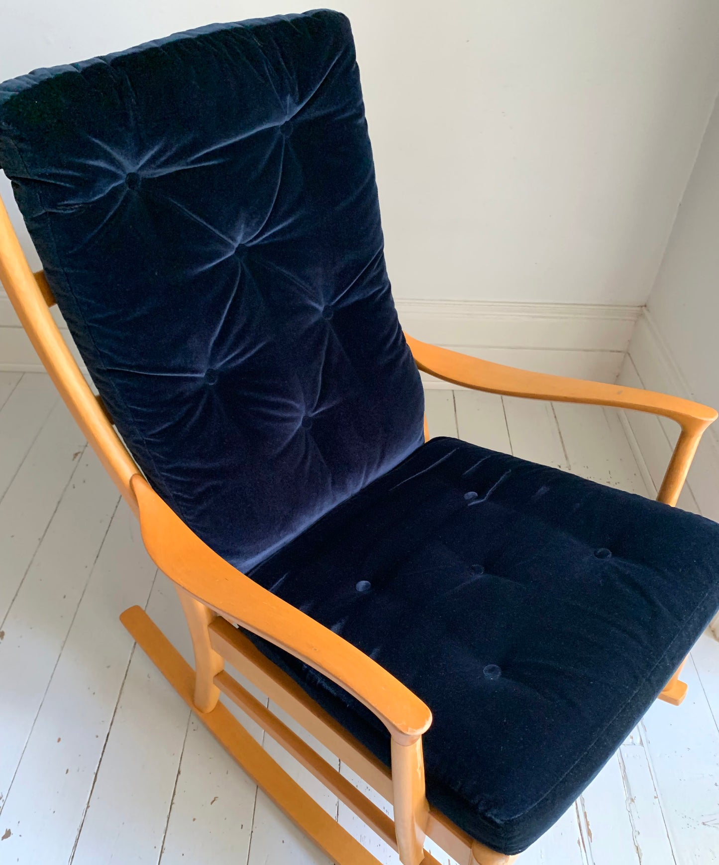 Parker Knoll Florian Rocking Chair w/ Beech Frame, Midnight Blue Velvet Cushions
