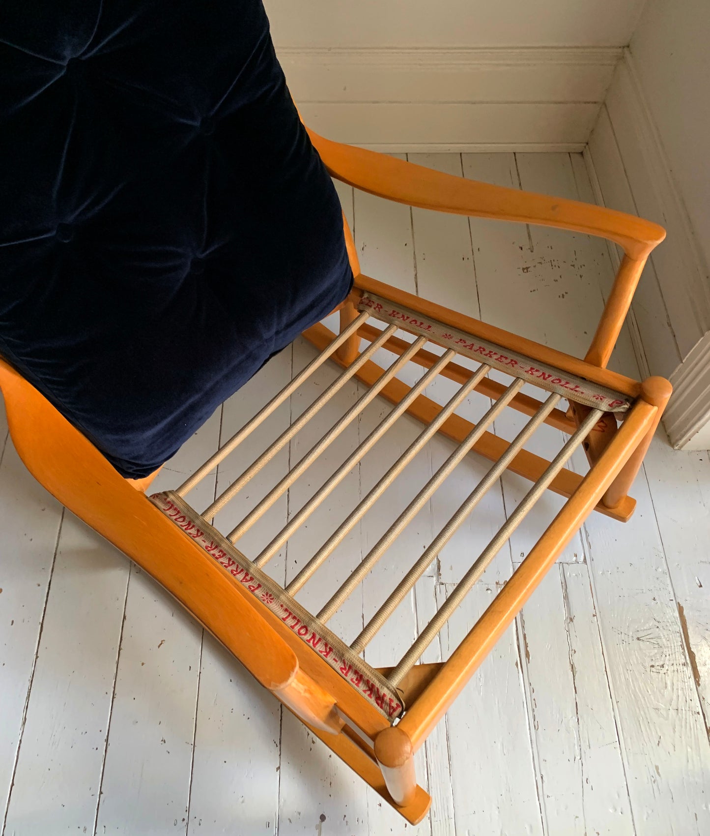 Parker Knoll Florian Rocking Chair w/ Beech Frame, Midnight Blue Velvet Cushions