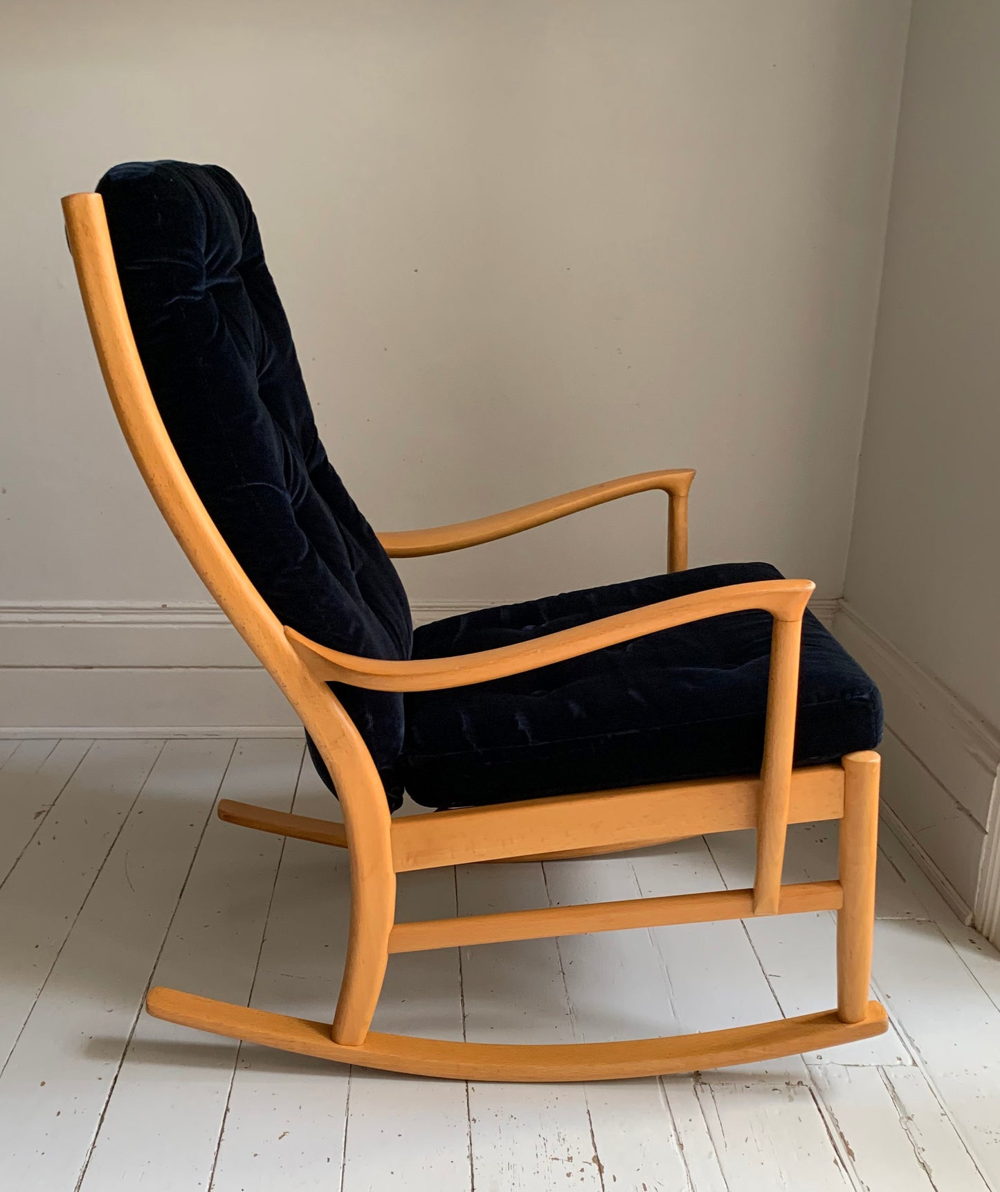 Parker Knoll Florian Rocking Chair w/ Beech Frame, Midnight Blue Velvet Cushions