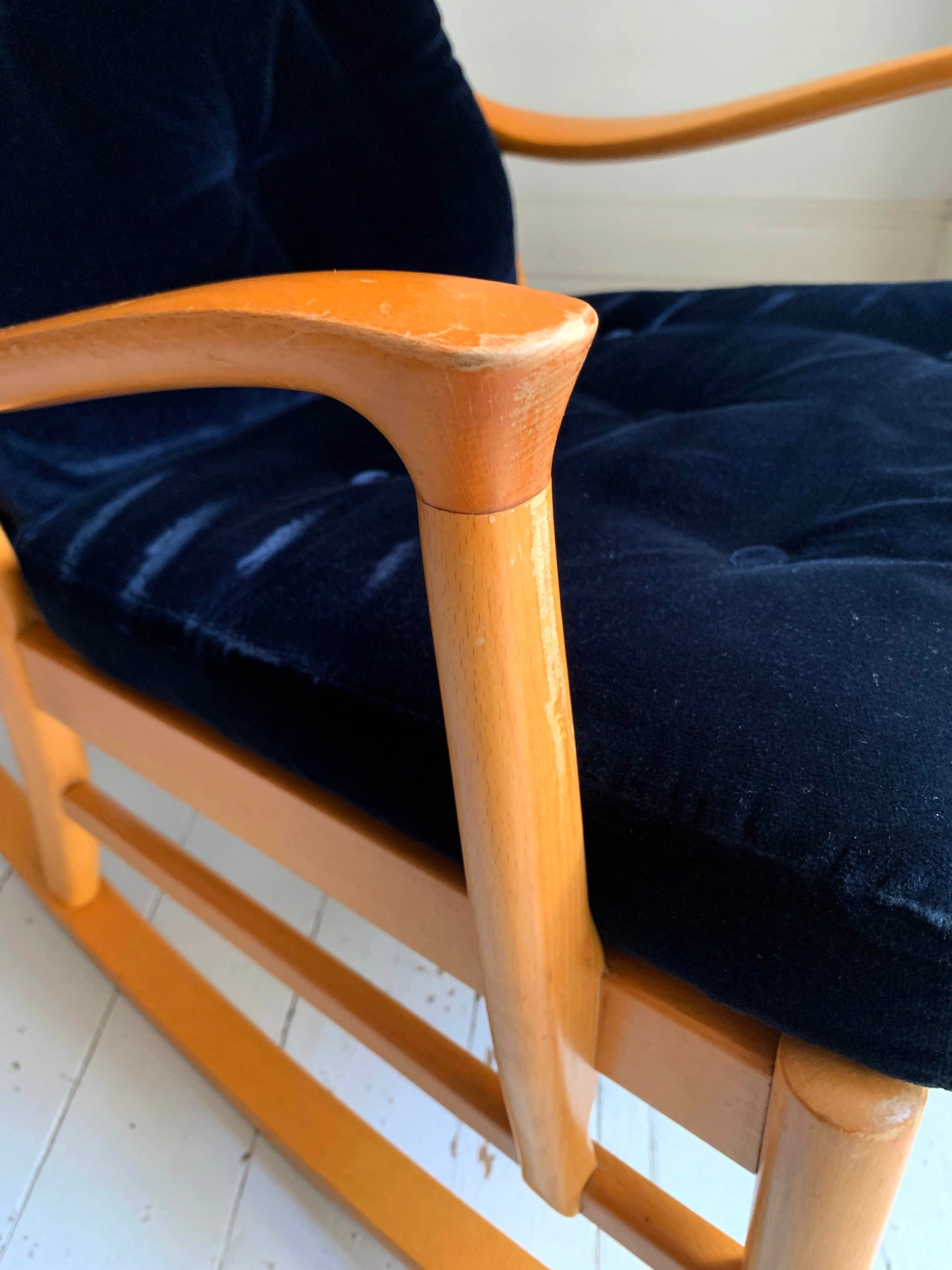 Parker Knoll Florian Rocking Chair w/ Beech Frame, Midnight Blue Velvet Cushions