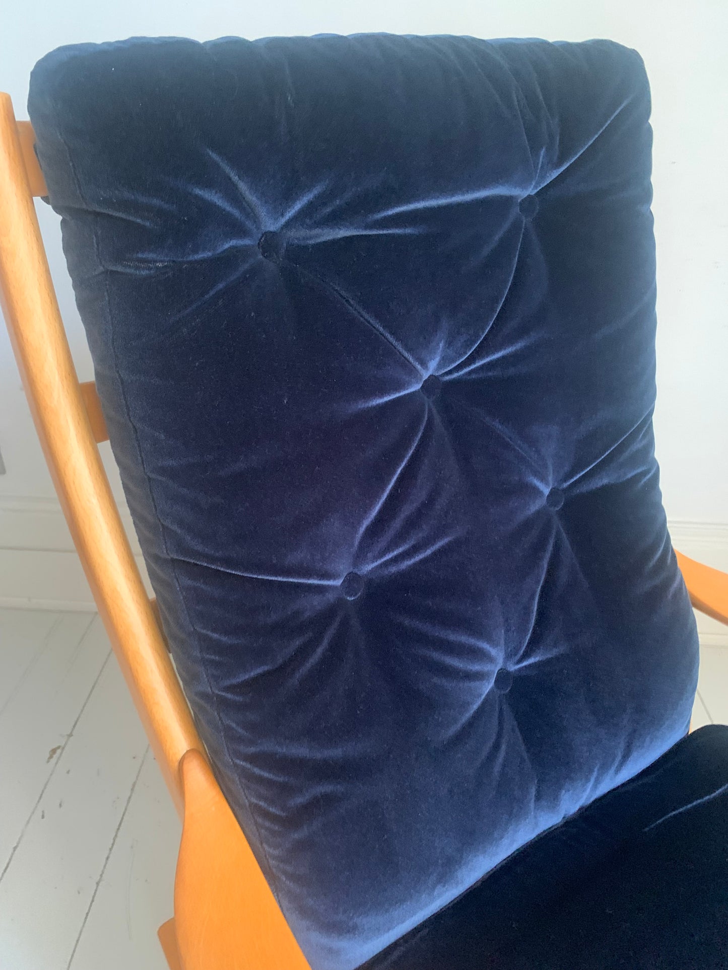 Parker Knoll Florian Rocking Chair w/ Beech Frame, Midnight Blue Velvet Cushions