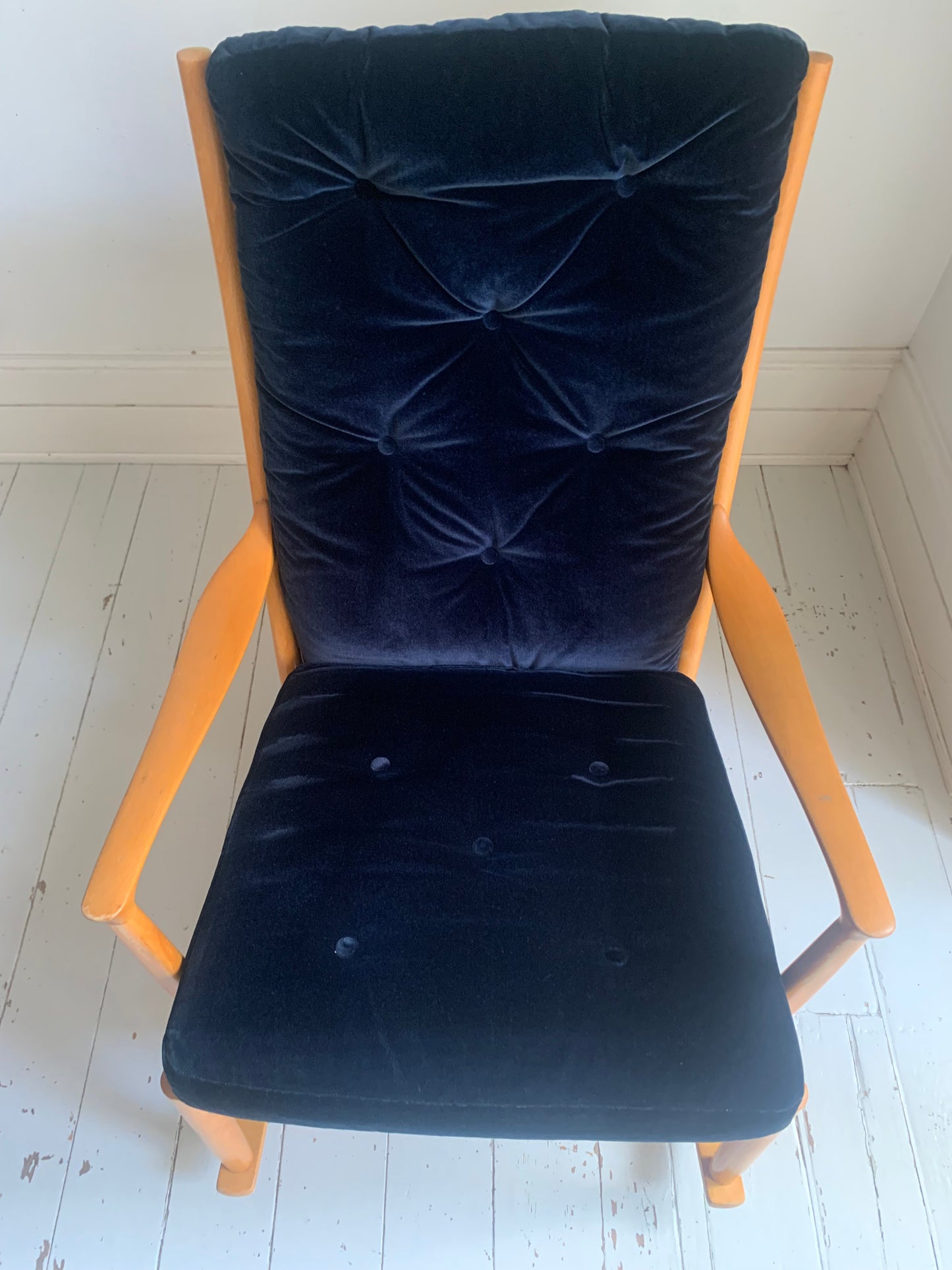 Parker Knoll Florian Rocking Chair w/ Beech Frame, Midnight Blue Velvet Cushions