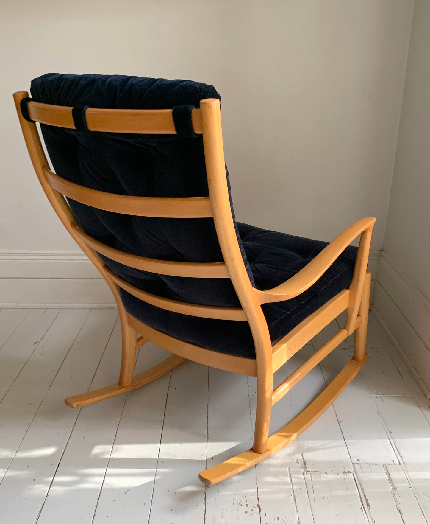 Parker Knoll Florian Rocking Chair w/ Beech Frame, Midnight Blue Velvet Cushions