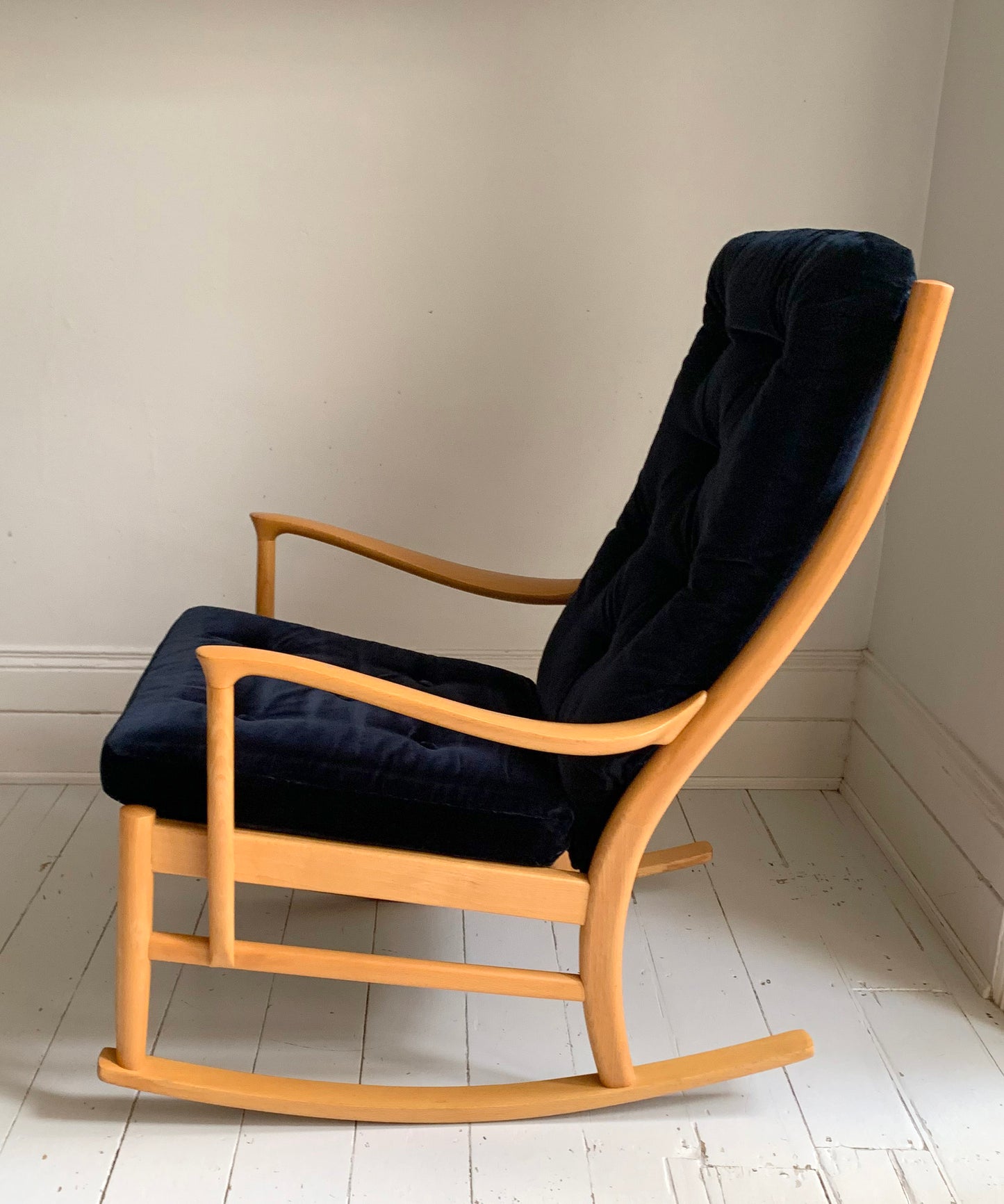 Parker Knoll Florian Rocking Chair w/ Beech Frame, Midnight Blue Velvet Cushions