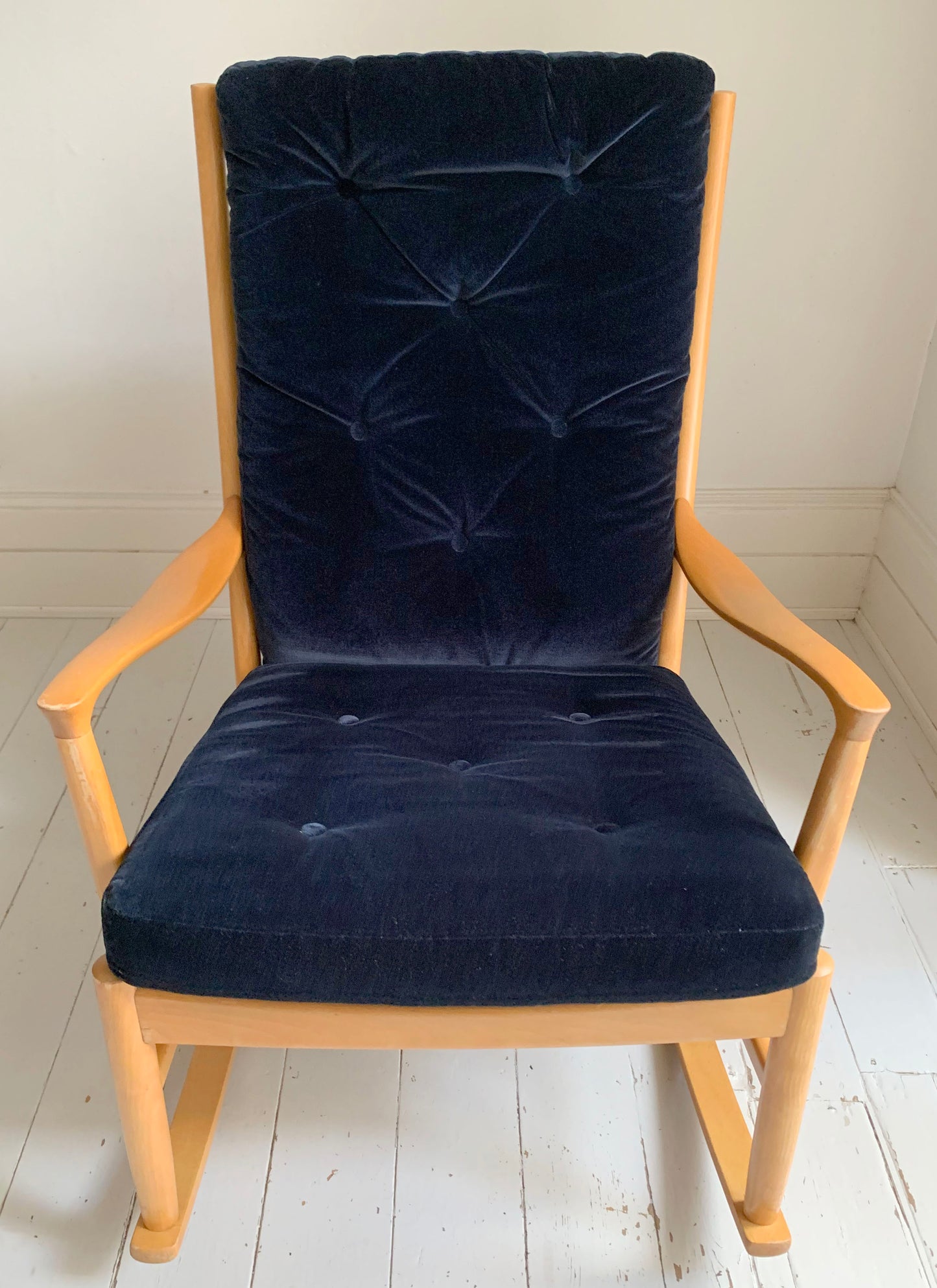 Parker Knoll Florian Rocking Chair w/ Beech Frame, Midnight Blue Velvet Cushions