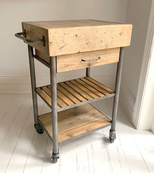 Industrial Reclaimed Wood Rolling Butcher's Block / Kitchen Island Cart