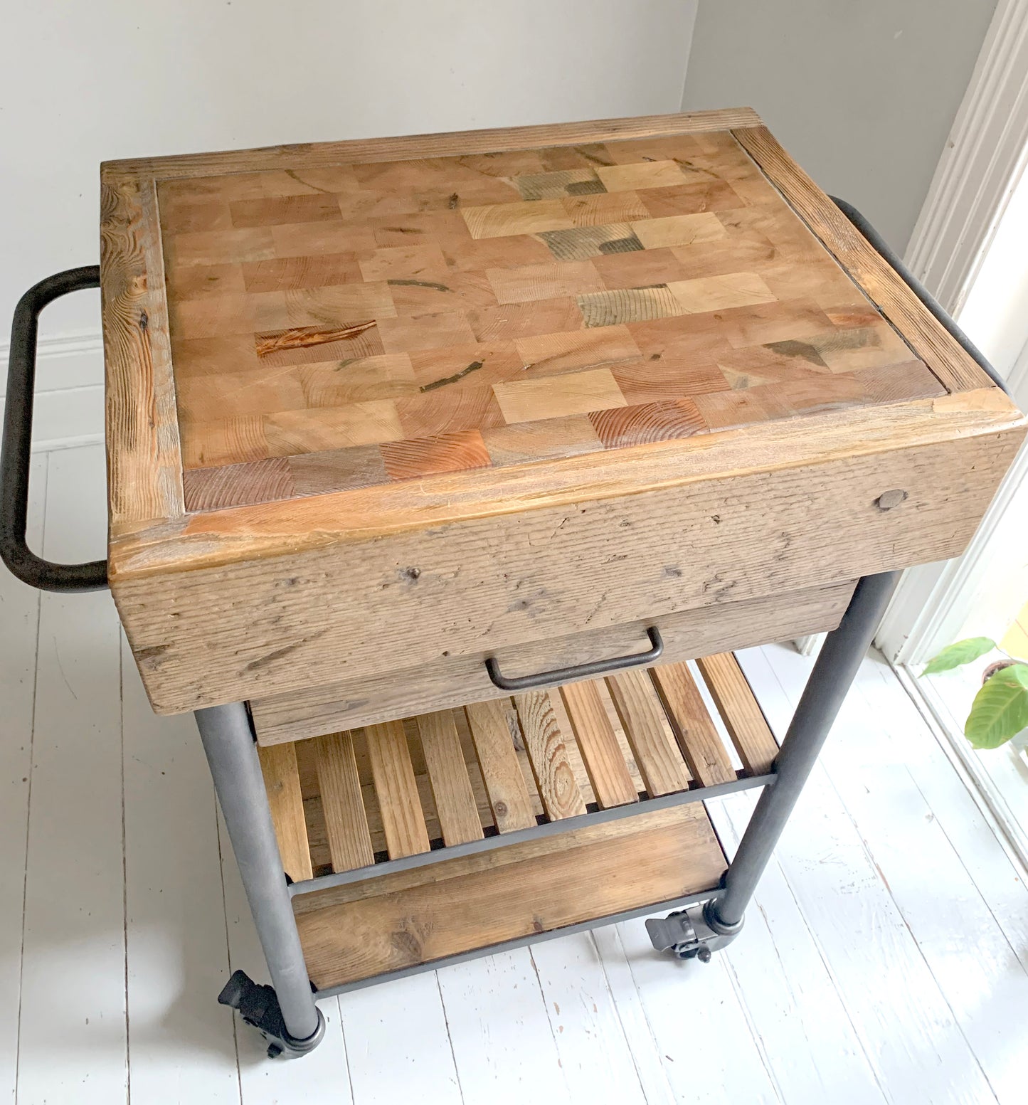Industrial Reclaimed Wood Rolling Butcher's Block / Kitchen Island Cart