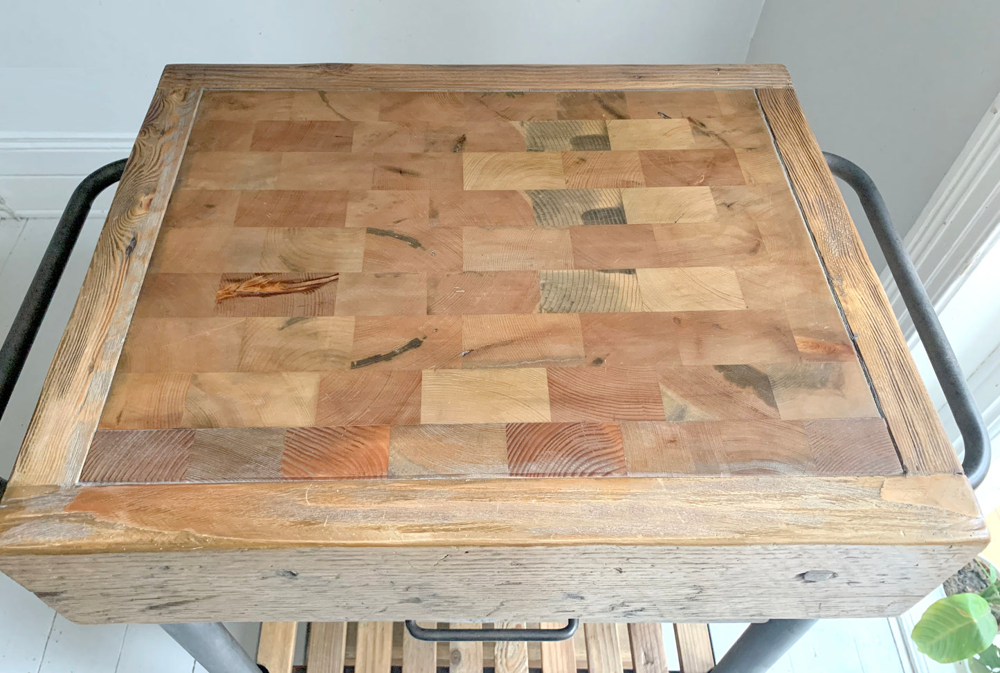 Industrial Reclaimed Wood Rolling Butcher's Block / Kitchen Island Cart