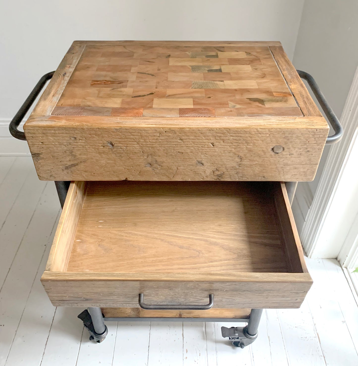 Industrial Reclaimed Wood Rolling Butcher's Block / Kitchen Island Cart