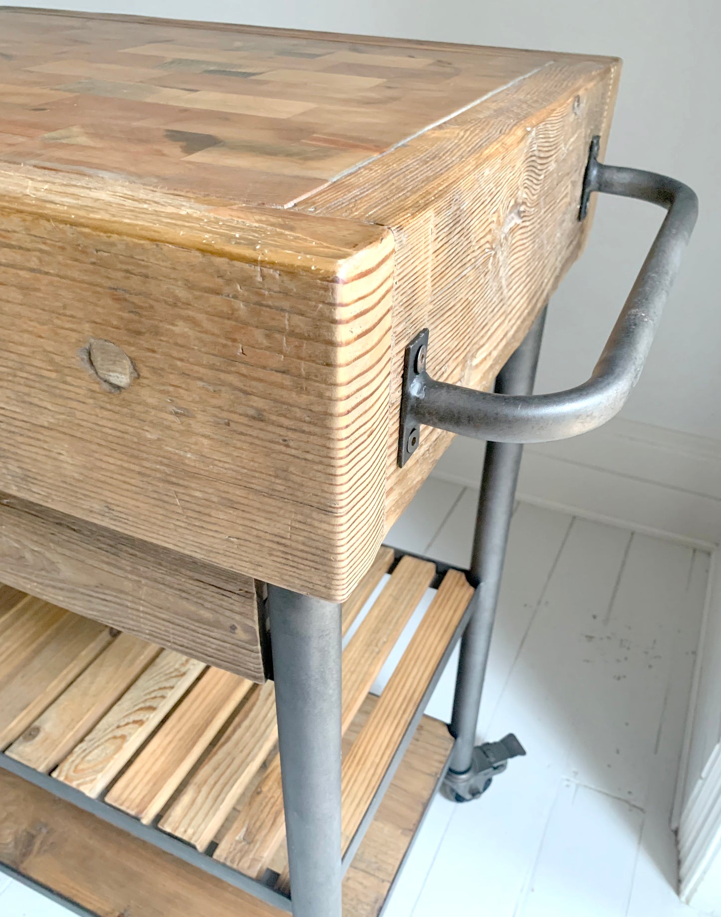 Industrial Reclaimed Wood Rolling Butcher's Block / Kitchen Island Cart