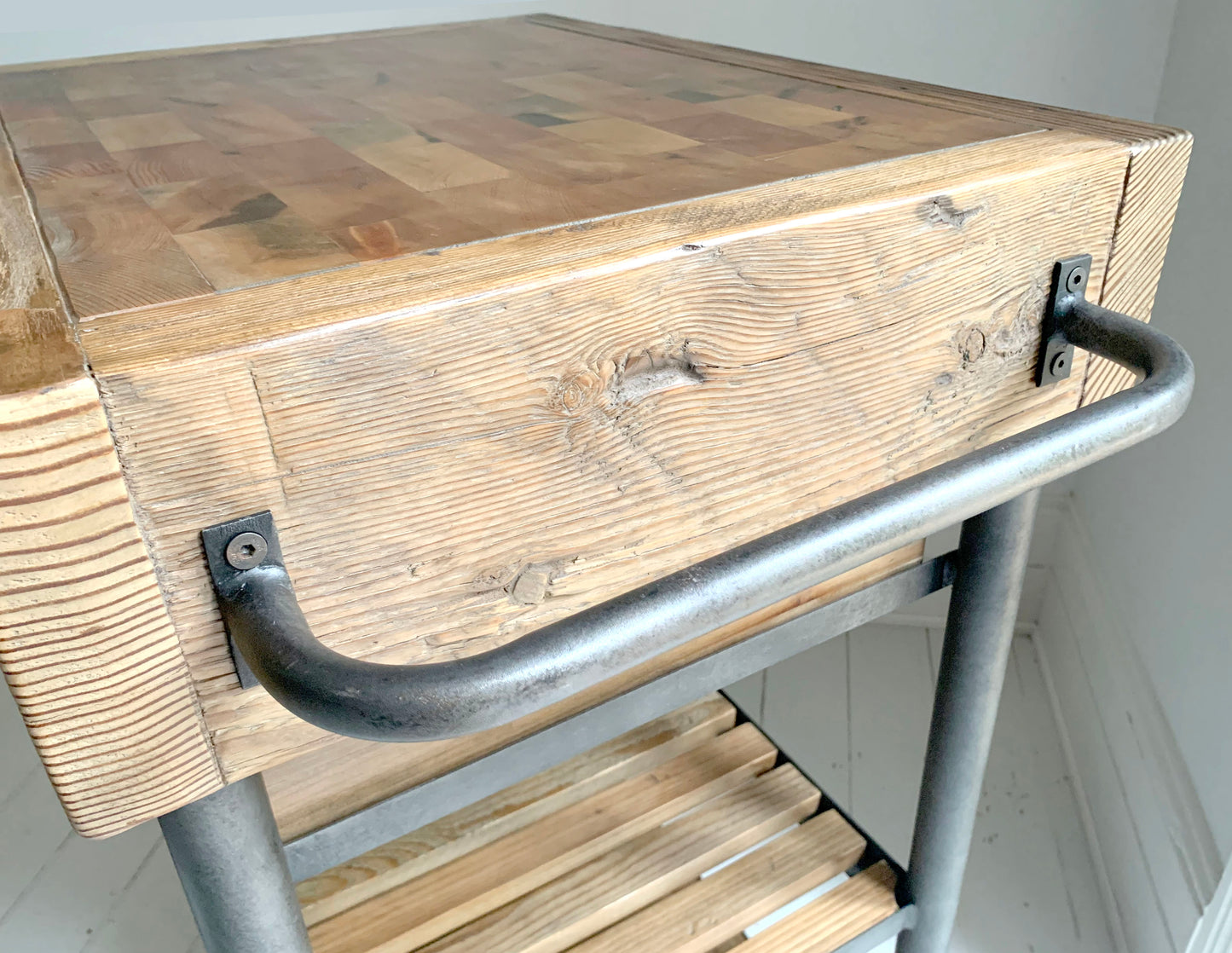 Industrial Reclaimed Wood Rolling Butcher's Block / Kitchen Island Cart