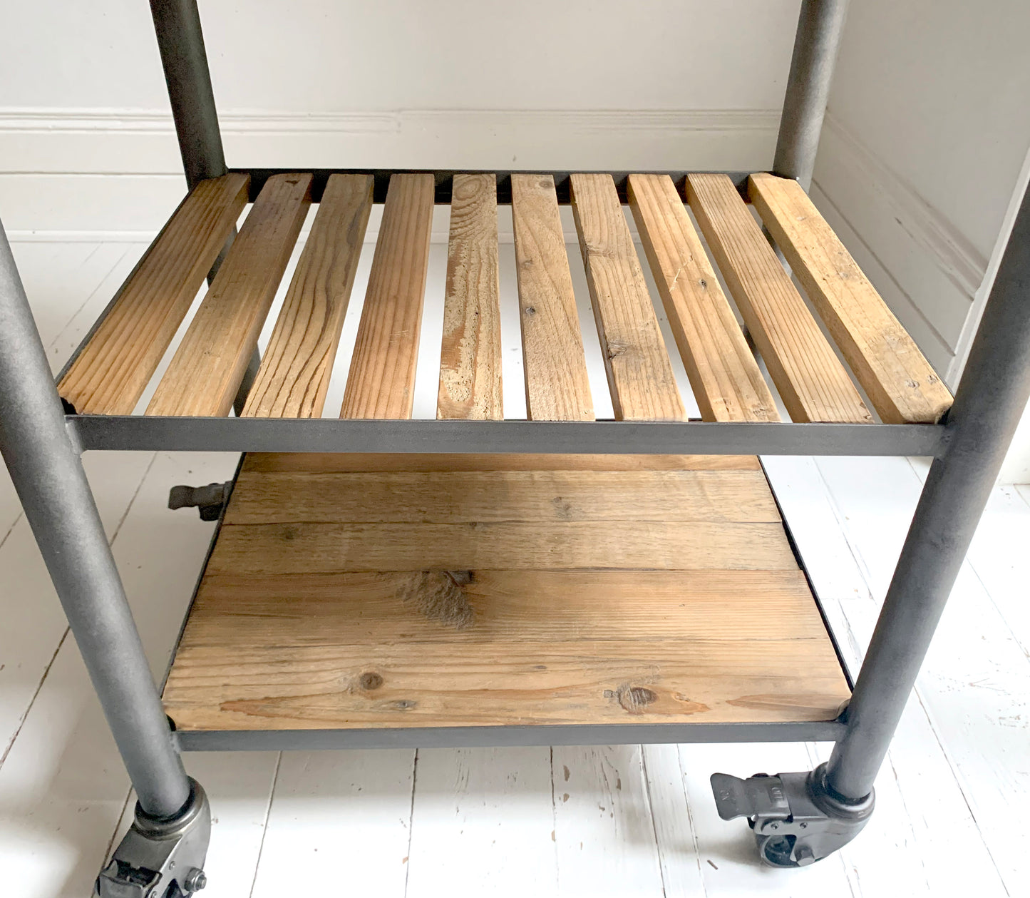 Industrial Reclaimed Wood Rolling Butcher's Block / Kitchen Island Cart