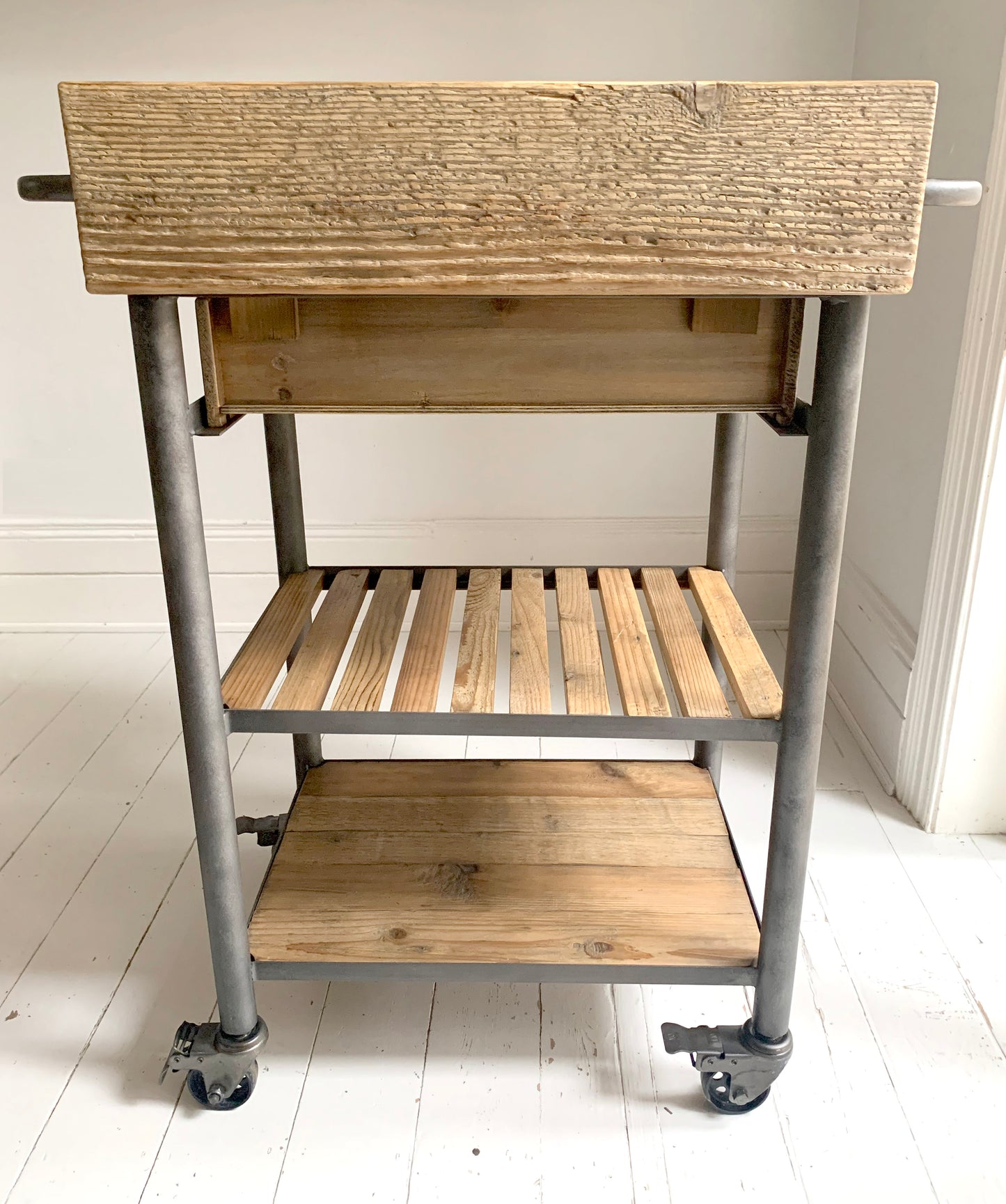 Industrial Reclaimed Wood Rolling Butcher's Block / Kitchen Island Cart