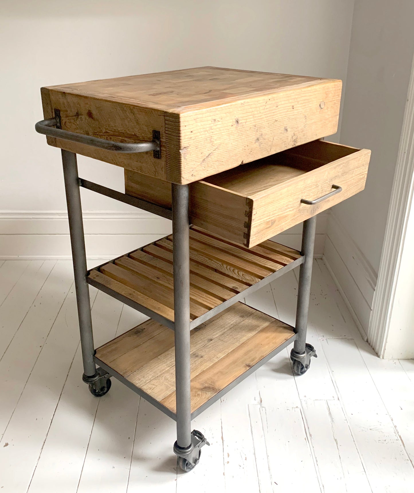 Industrial Reclaimed Wood Rolling Butcher's Block / Kitchen Island Cart
